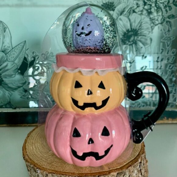 NEW Happy Hauntings Halloween Stacked Pink & Orange with Purple Snow Globe Mug - Picture 1 of 2